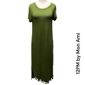 💖 12PM BY MON AMI maxi dress with tassel hem in olive green + size S